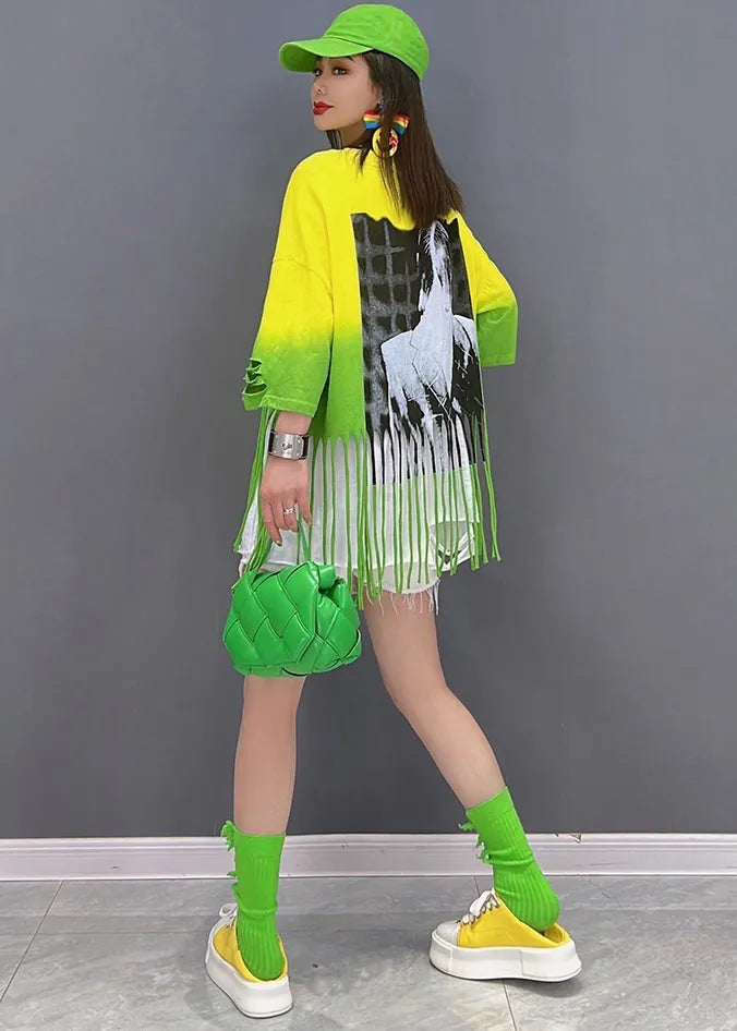 Yellow Blue Gradient Color Hole Patchwork Tassel Cotton Tanks Half Sleeve