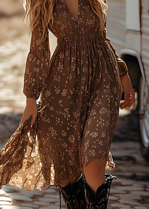 Brown V Neck Print Wrinkled Cotton Dresses Spring