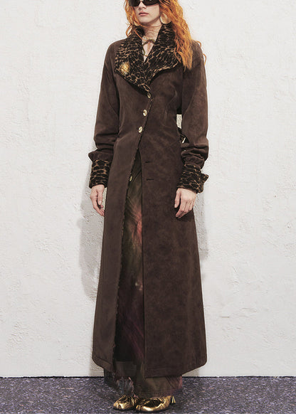 Chocolate Leopard Tie Waist Faux Suede Long?trench?coat Winter