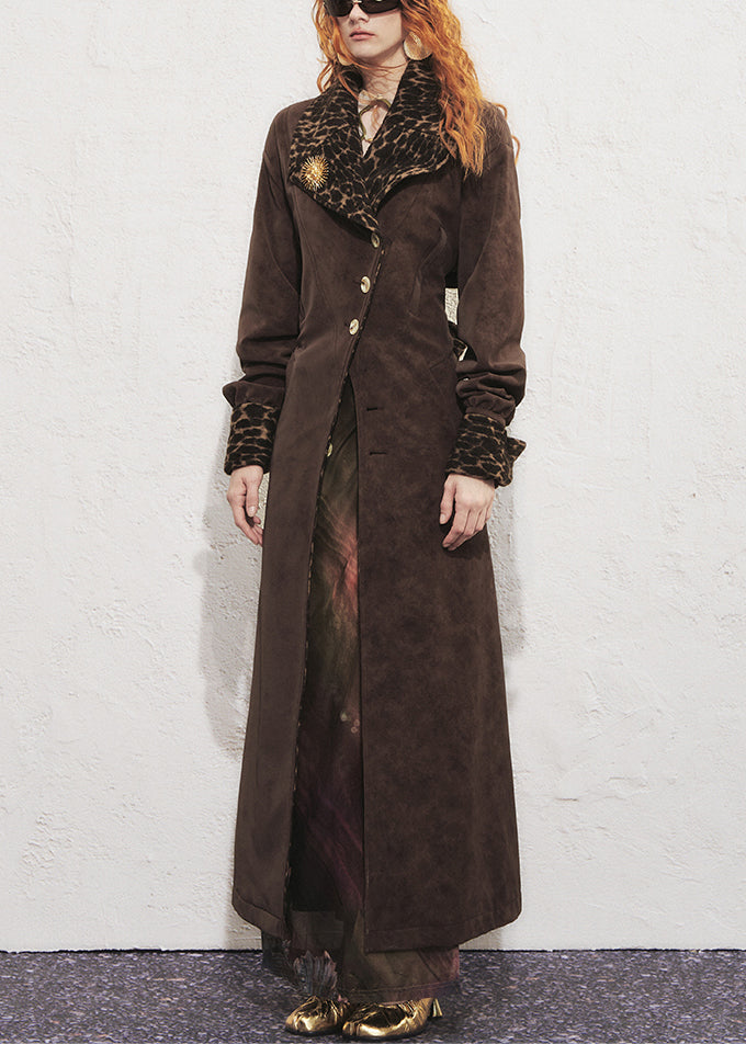 Chocolate Leopard Tie Waist Faux Suede Long?trench?coat Winter