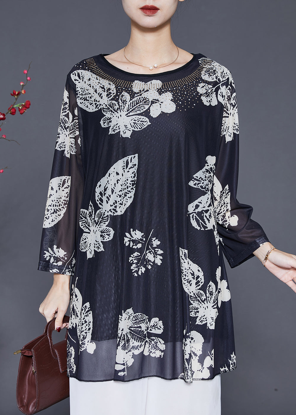 Black Oversized Print Silk Shirts Spring