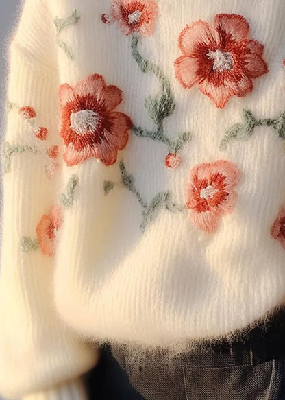 Apricot Embroidered Cozy Cotton Knit Sweater Winter
