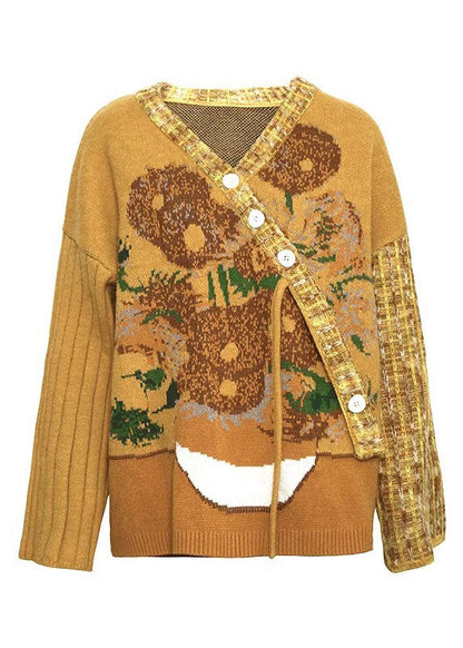 Loose Purple V Neck Button Cotton Knit Sweater Coats Fall