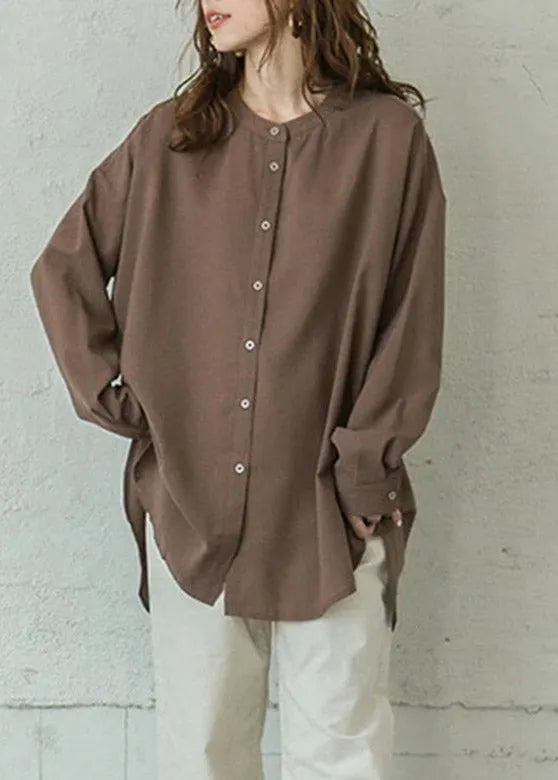 White Stand Collar Button Side Open Low High Design Shirt Long Sleeve