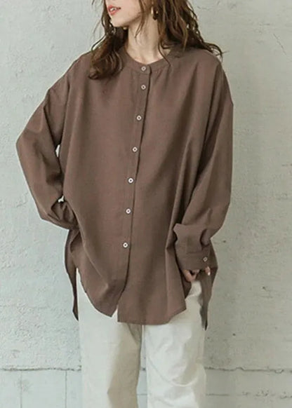White Stand Collar Button Side Open Low High Design Shirt Long Sleeve