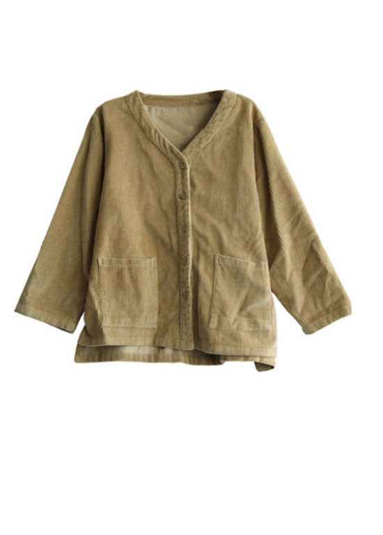 Khaki Button V Neck Corduroy Coats Spring