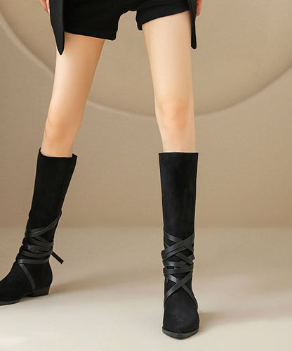 Splicing Boots Black Suede Cross Strap Pointed Toe