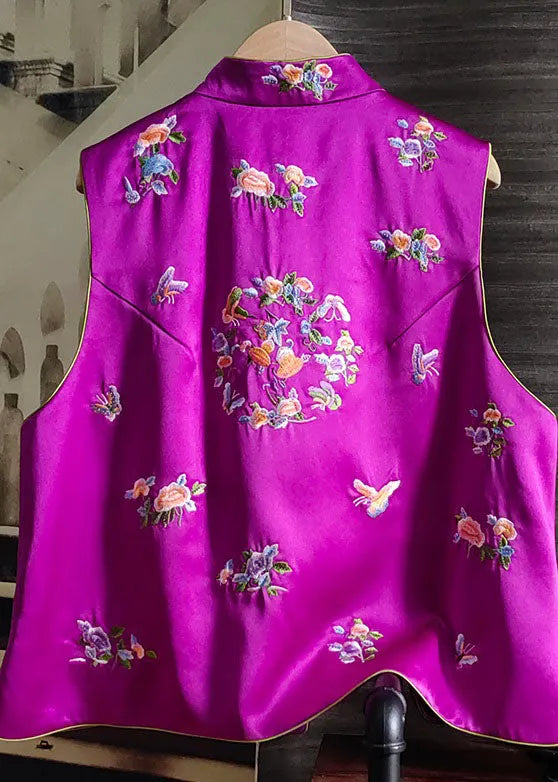 Art Rose Stand Collar Printing Patchwork Silk Vest Sleeveless