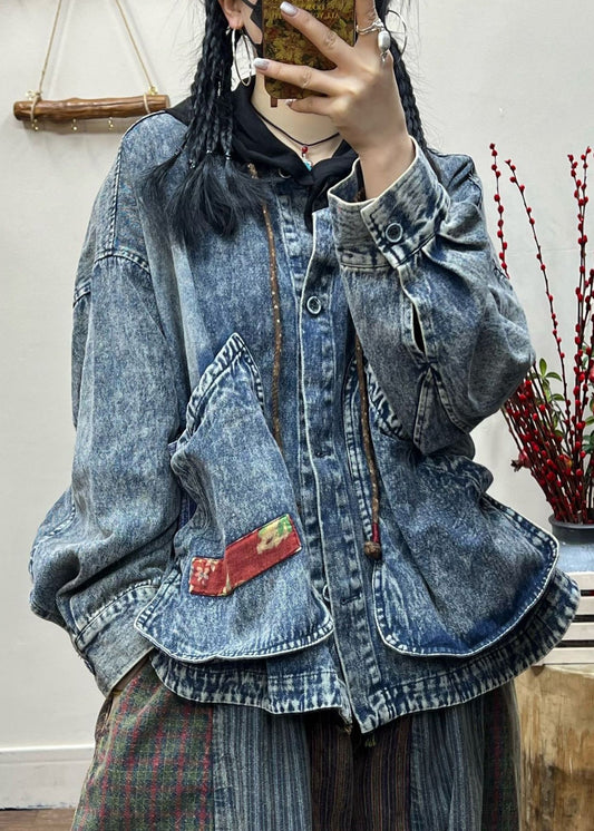Blue Button Pockets Patchwork Denim Coat Fall