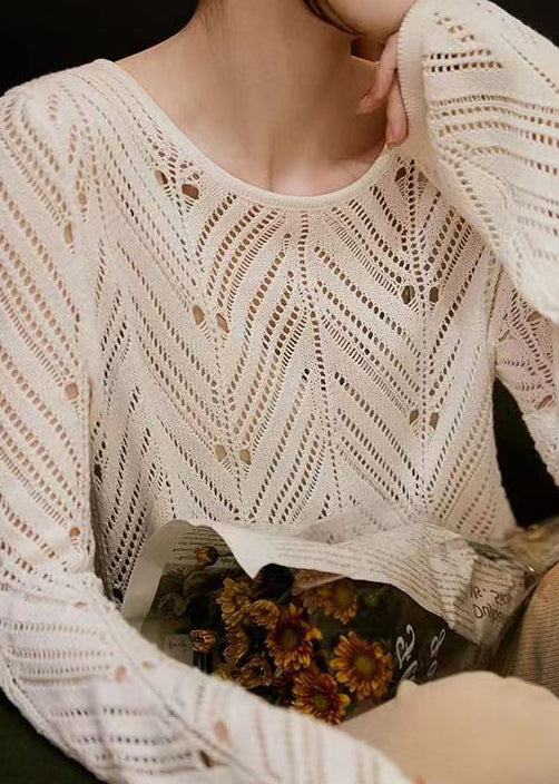 White O Neck Hollow Out Patchwork Knit Top Long Sleeve