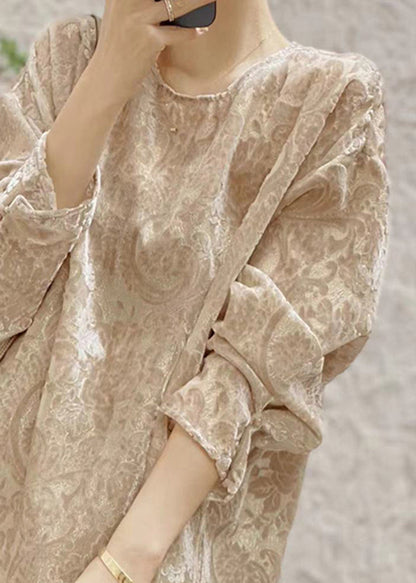 Jacquard Khaki O Neck Patchwork Silk Velour Shirt Fall