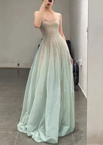 Light Green O-neck Tulle Spaghetti Strap Dress Sleeveless