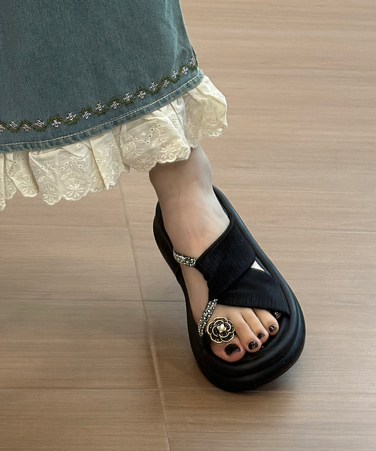 Black Platform Faux Leather Hollow Out Slide Sandals