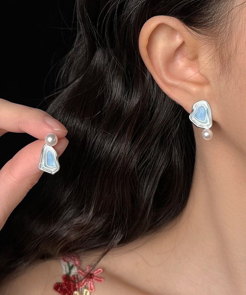 Style Blue Sterling Silver Pearl Drip Glaze Enamel Asymmetrical Stud Earrings