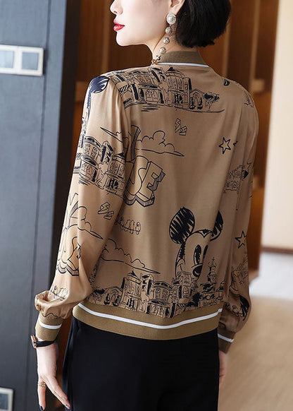 Coffee Zippered Patchwork Print Silk Coats Spring