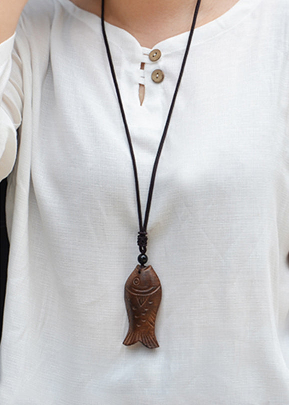 Brown Hand Knitting Woode Fish Peach Wood Pendant Necklace