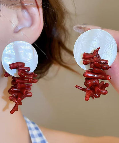 Red Copper Alloy Shell Resin Drop Earrings