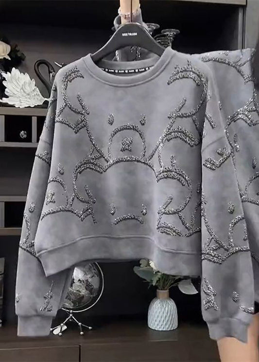 Grey O-neck Sequins Sweatshirt Fall
