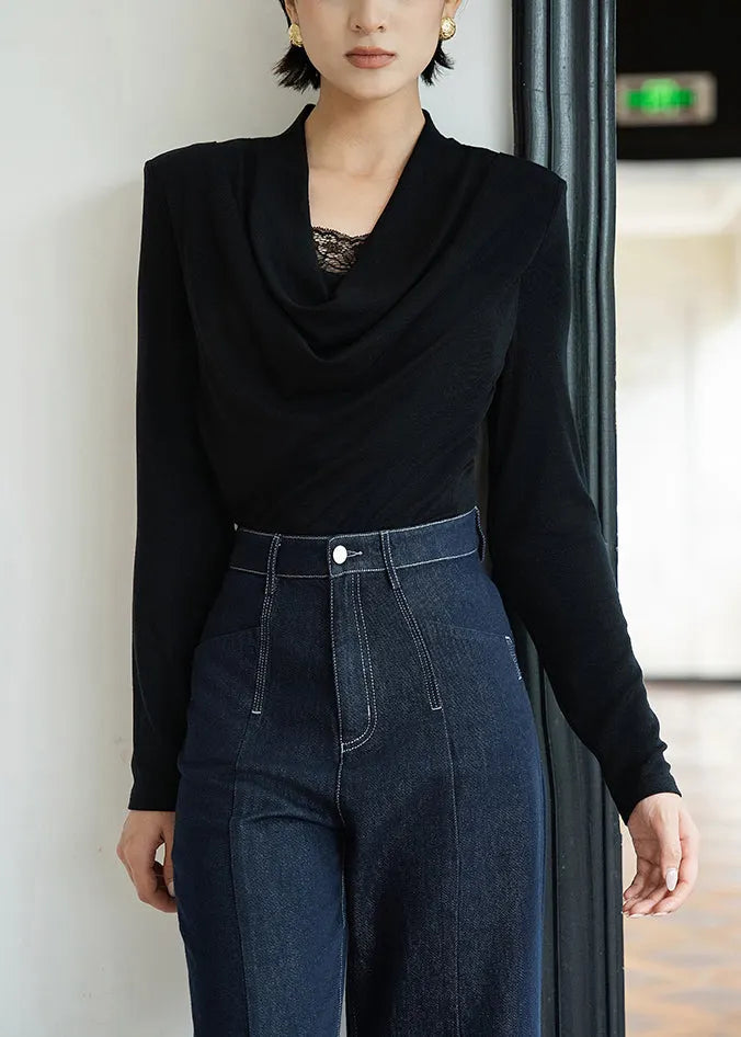 Slim Fit Black Lace Patchwork Wool T Shirts Fall