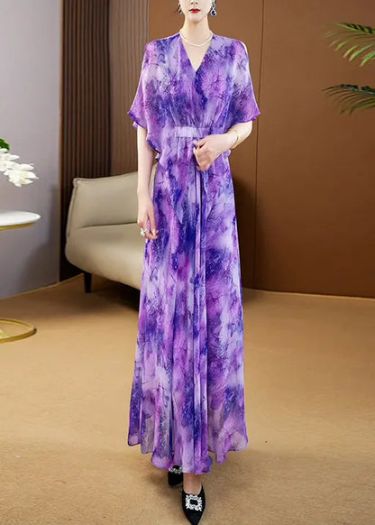 Purple V Neck Print Wrinkled Chiffon Maxi Dress Summer