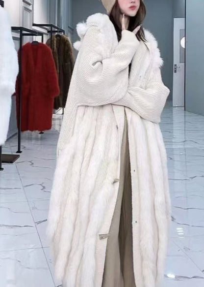 Grey Hooded Fox Fur Patchwork Knit Cardigan Fall