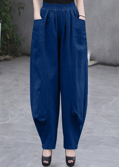 Beige Pockets Elastic Waist Linen Pants Summer