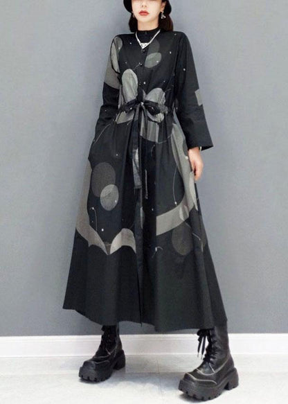 Stylish Black Stand Button Dresses Fall Long Sleeve