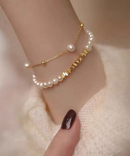Stylish Gold Copper Overgild Pearl Crushed and Silver Tassel Two Piece Set Charm Bracelet