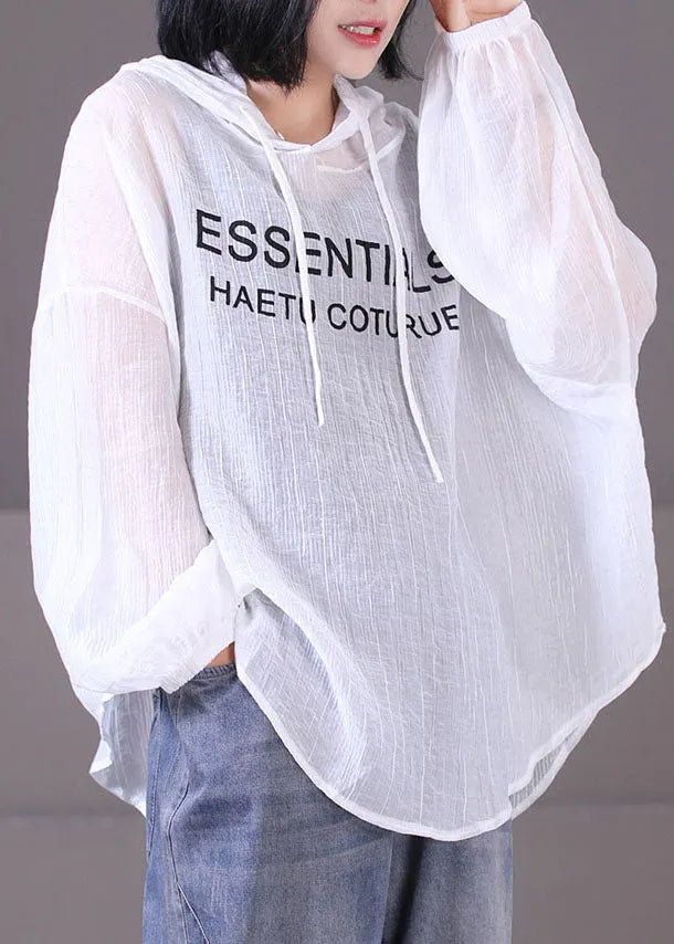 White Hooded Letter Print Cotton Upf 50+ Sweatshirt Top Long Sleeve