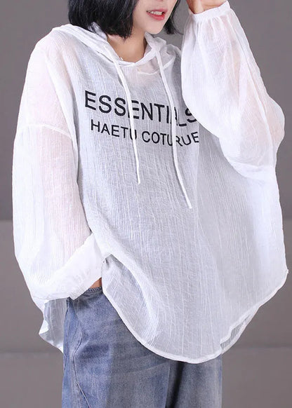White Hooded Letter Print Cotton Upf 50+ Sweatshirt Top Long Sleeve
