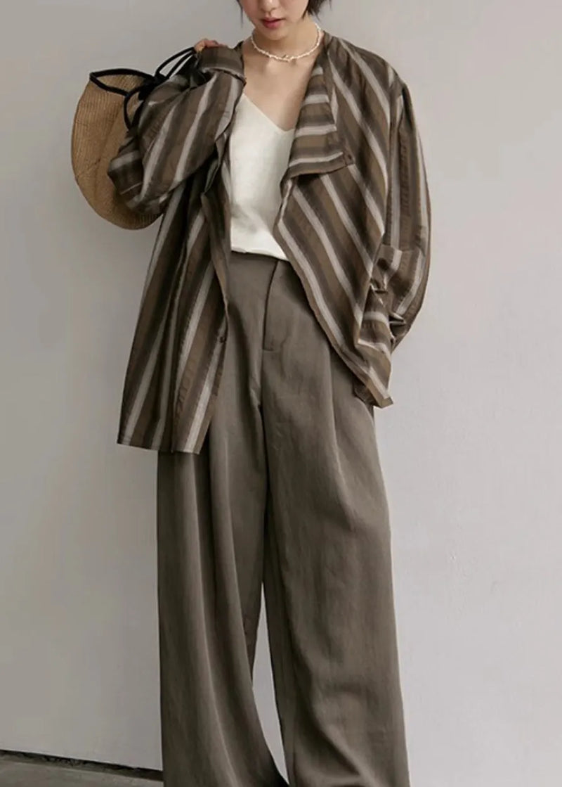 Coffee Striped Button Cotton Blouses Fall