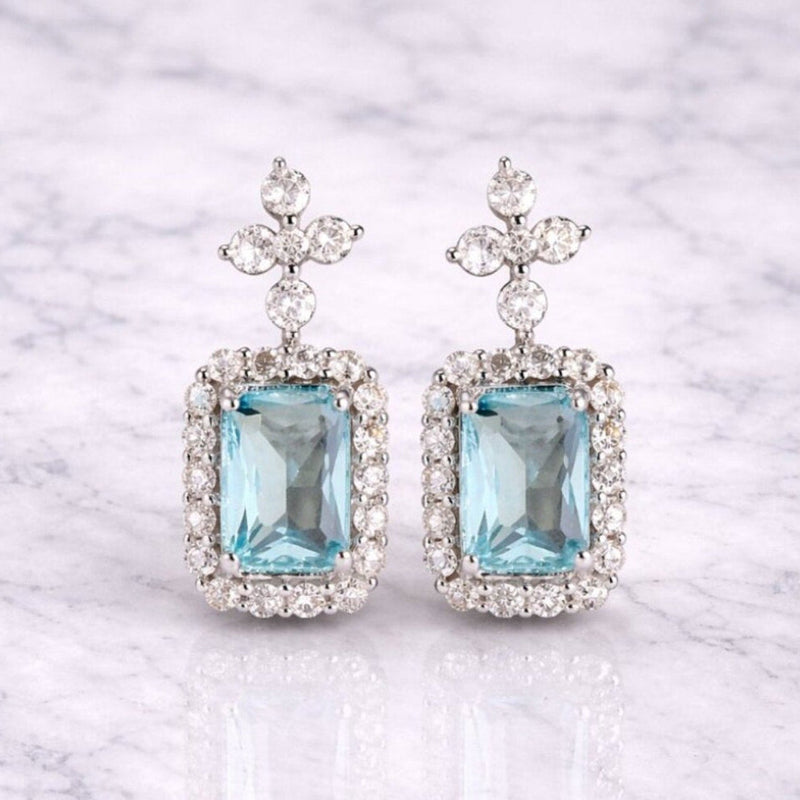 “rothschild” Aquamarine Drop Earrings – Emerald Cut Halo Statement Earrings in Silver
