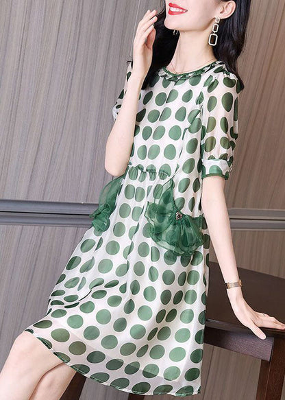 Green Print Tulle Patchwork Chiffon Cinched Dress Summer
