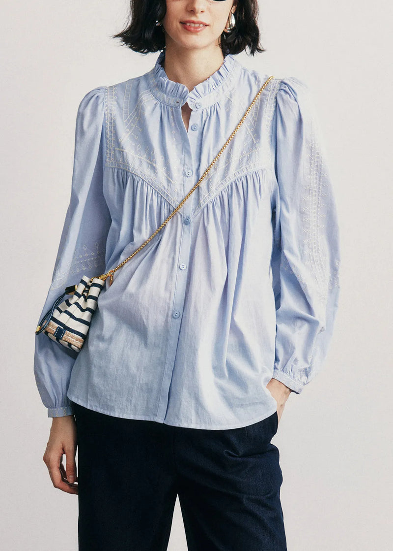 New Blue Ruffled Button Patchwork Cotton Shirts Top Fall