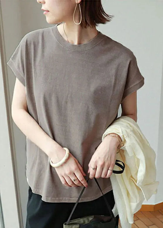 Brief Camel O-neck Side Open Cotton T Shirt Short Sleeve