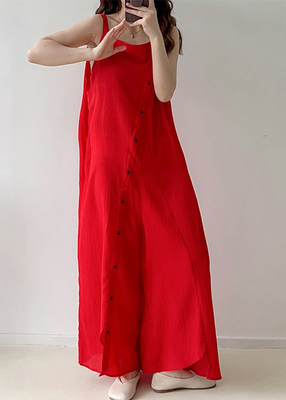 Red Asymmetrical Single Breaasted Chiffon Jumpsuits Fall