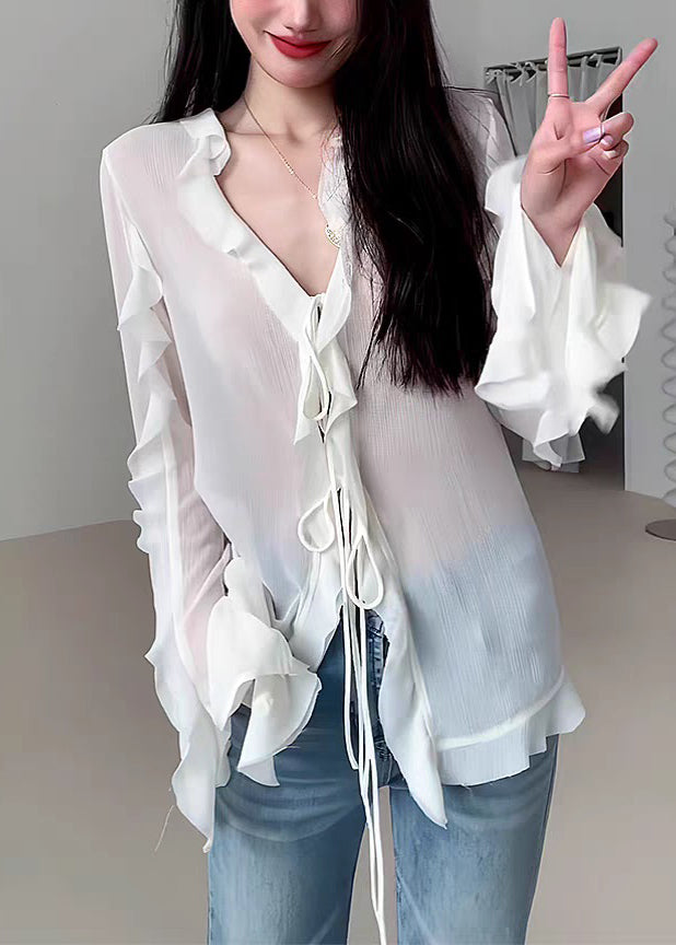 Natural White V Neck Ruffled Chiffon Shirt Fall