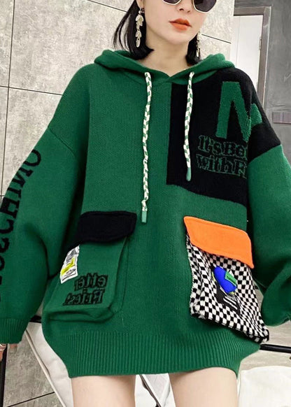 Green Hooded Pockets Patchwork Knit Pullover Spring