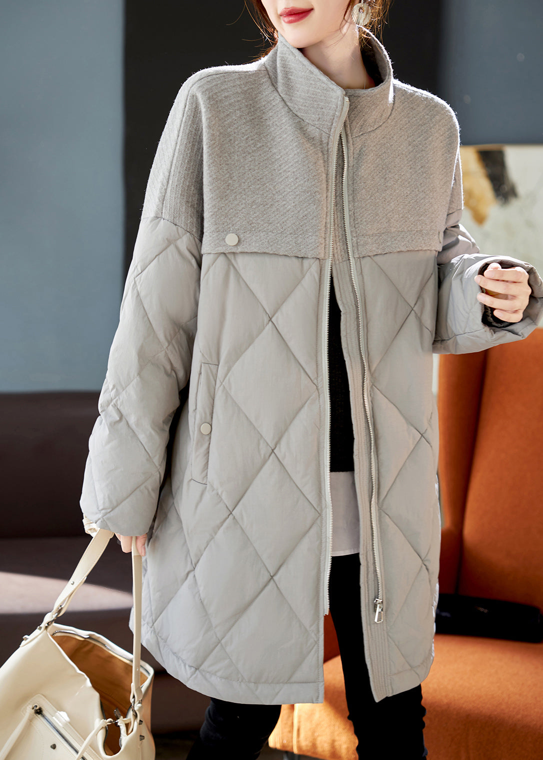 Grey Woolen Patchwork Duck Down Down Coat Winter