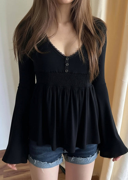 Loose Black V Neck Lace Cotton T Shirts Flare Sleeve