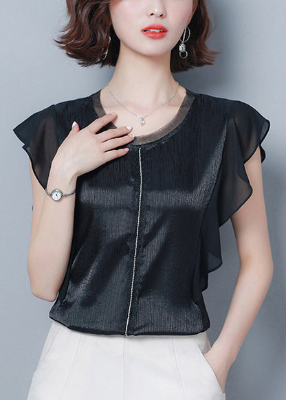 French Black O-neck Patchwork Ruffles Silk Blouse Top Summer
