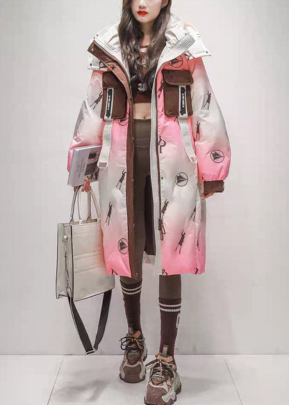 Pink Gradient Color Hooded Zippered Duck Down Long Coats Winter