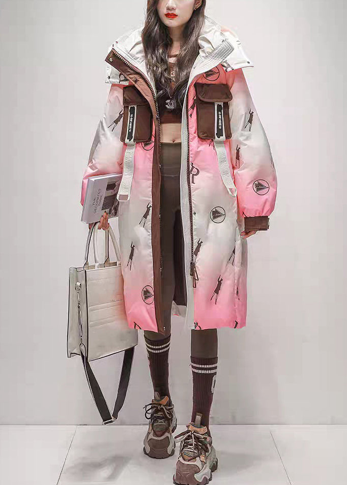 Pink Gradient Color Hooded Zippered Duck Down Long Coats Winter