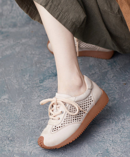 Beige Cowhide Leather Flats Hollow Out Lace Up Flat Feet Shoes