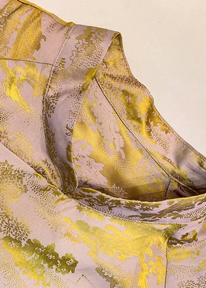 Yellow Mandarin Collar Button Jacquard Silk Top Lantern Sleeve