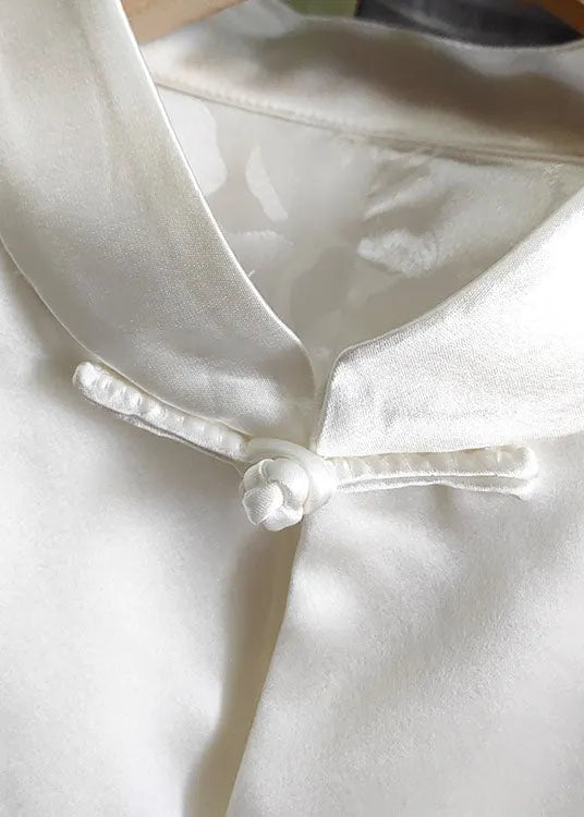 White Stand Collar Chinese Button Print Silk Tops Spring