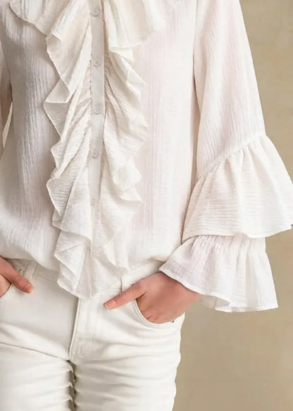 Apricot Stand Collar Ruffled Button Cotton Shirt Spring