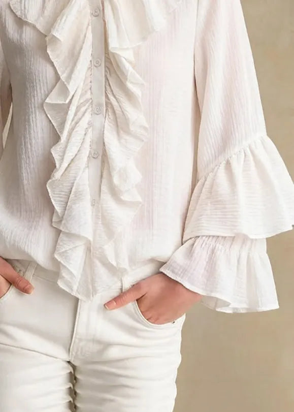 Apricot Stand Collar Ruffled Button Cotton Shirt Spring