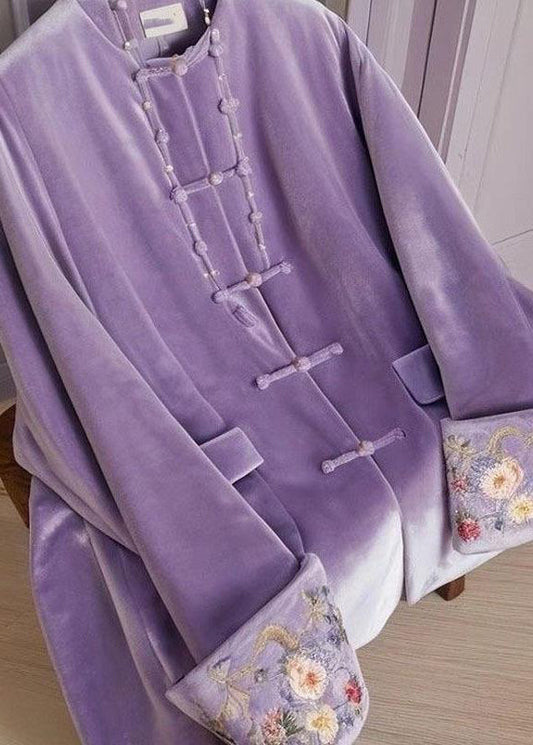 Chinese Style Purple O-neck Embroidered Button Silk Velour Tops Spring