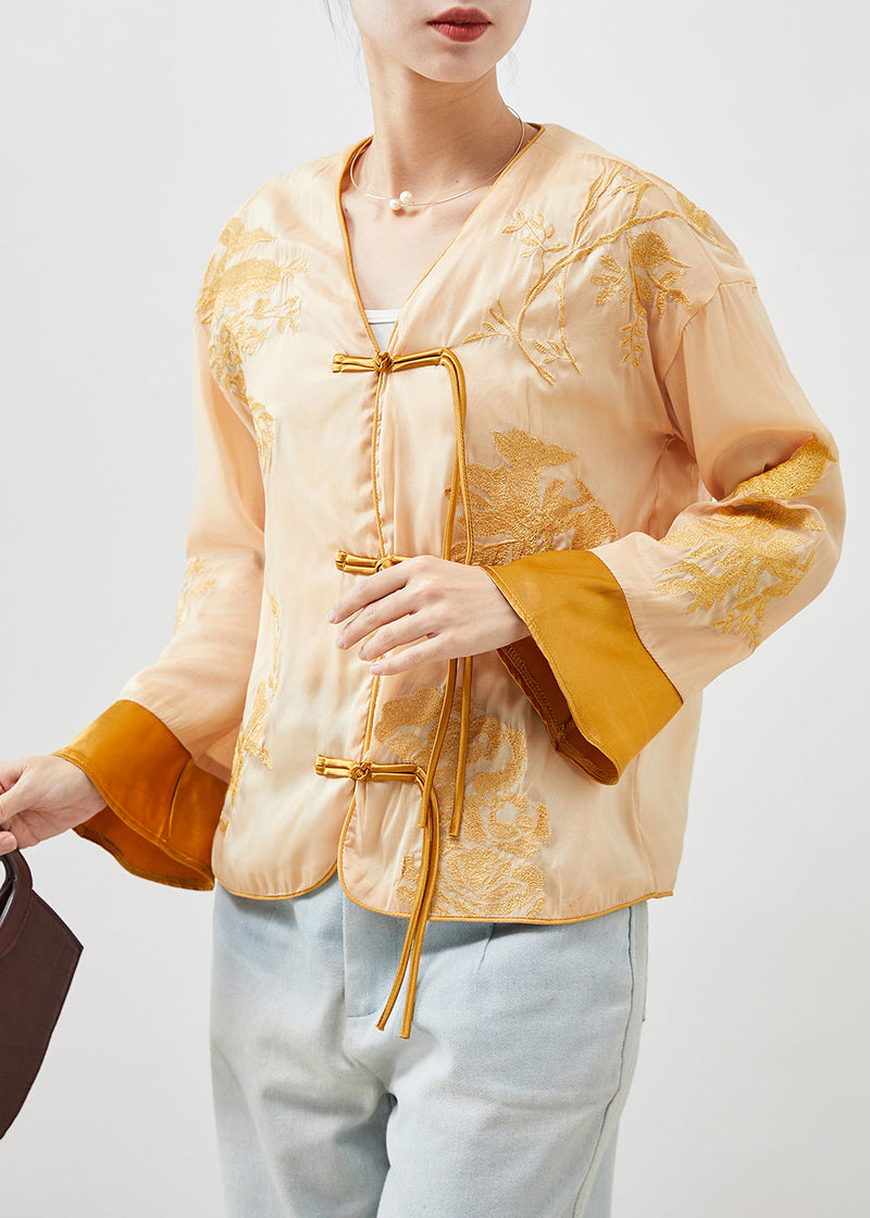 Chinese Style Yellow Embroideried Silk Top Fall